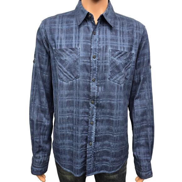 Affliction Black Premium Shirt Blue Plaid Long Roll tab Sleeves Dual Pockets L - Picture 1 of 13